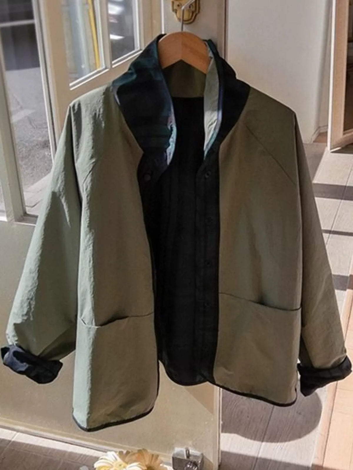 Reversible Jacket with Contrast Plaid Detailing in khaki