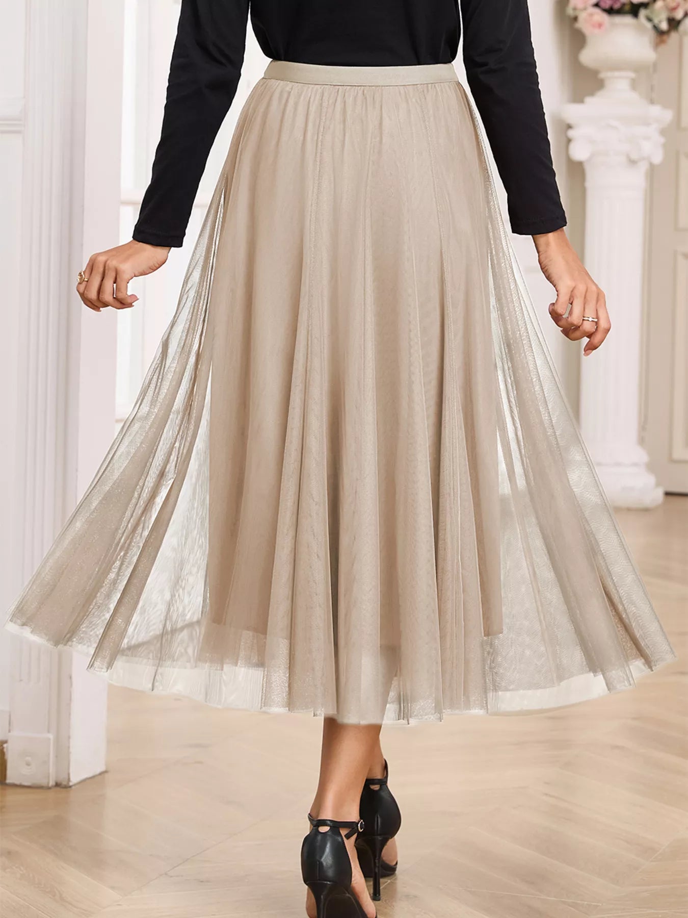 Trendsi Tulle Mesh Overlay Flared Midi Skirt -