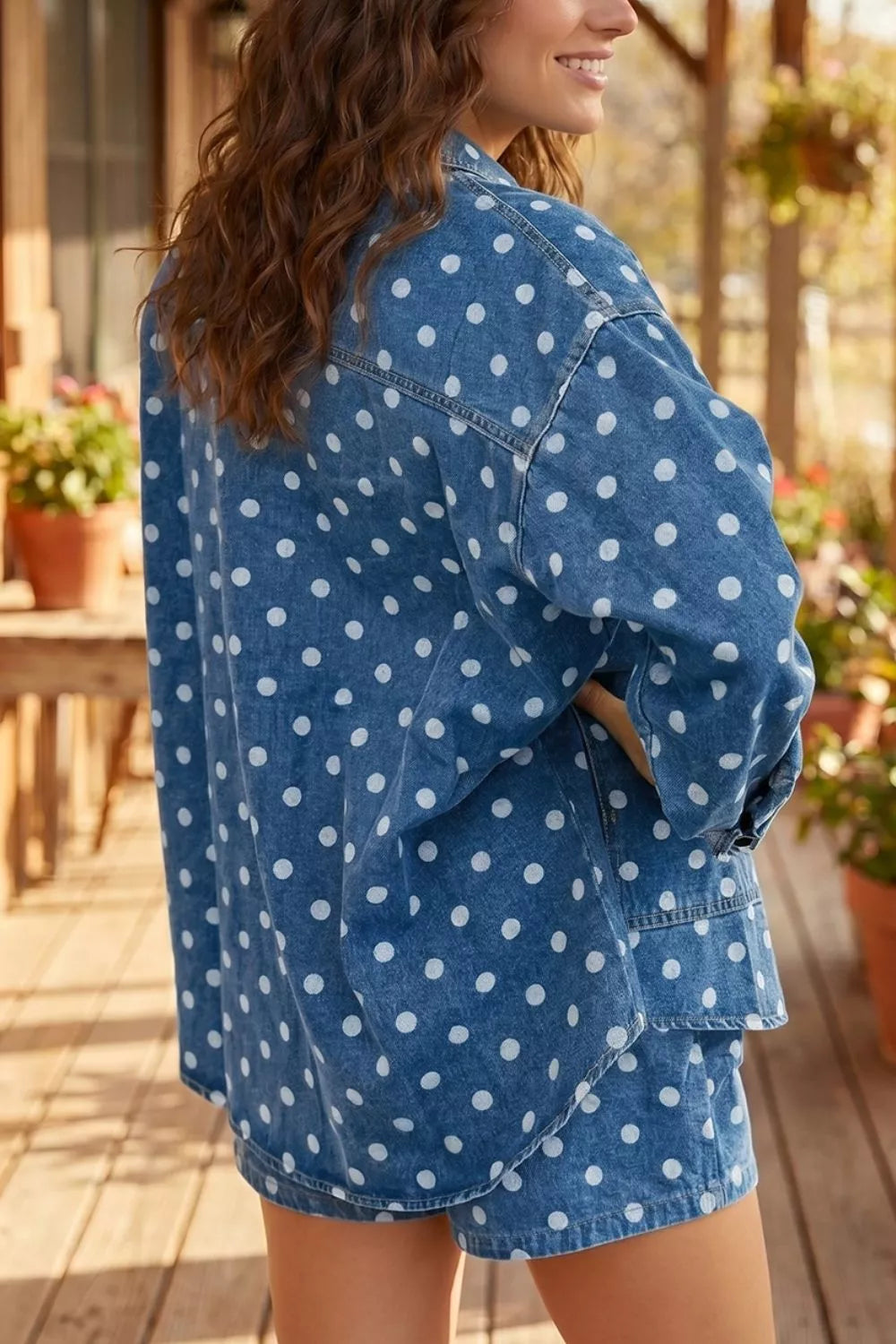 Trendsi Polka Dot Long Sleeve Collar Shift Tunic Denim Jacket -