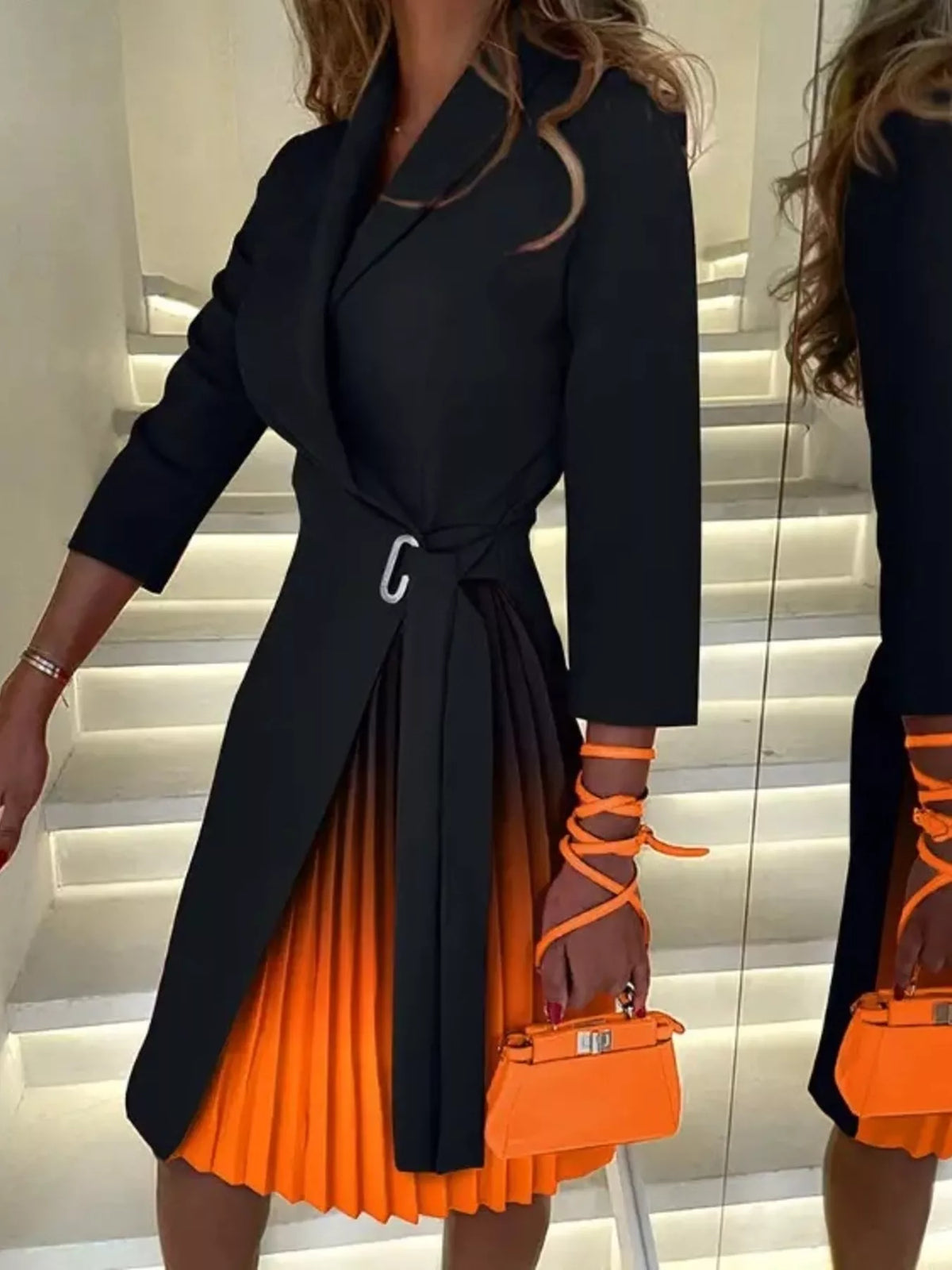 Tangerine blazer style pleated midi dress