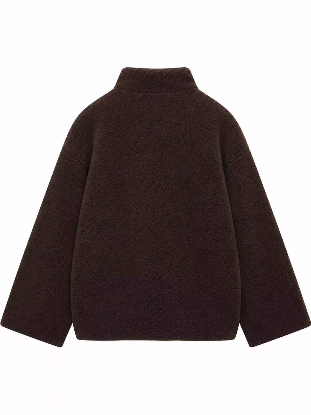 Brown oversized sherpa fleece zip-up jacket, back view