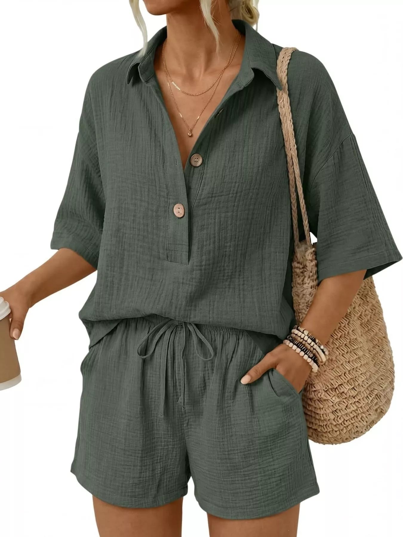 Trendsi Linen Button Front Short Sleeve Top and Shorts Set - Shorts