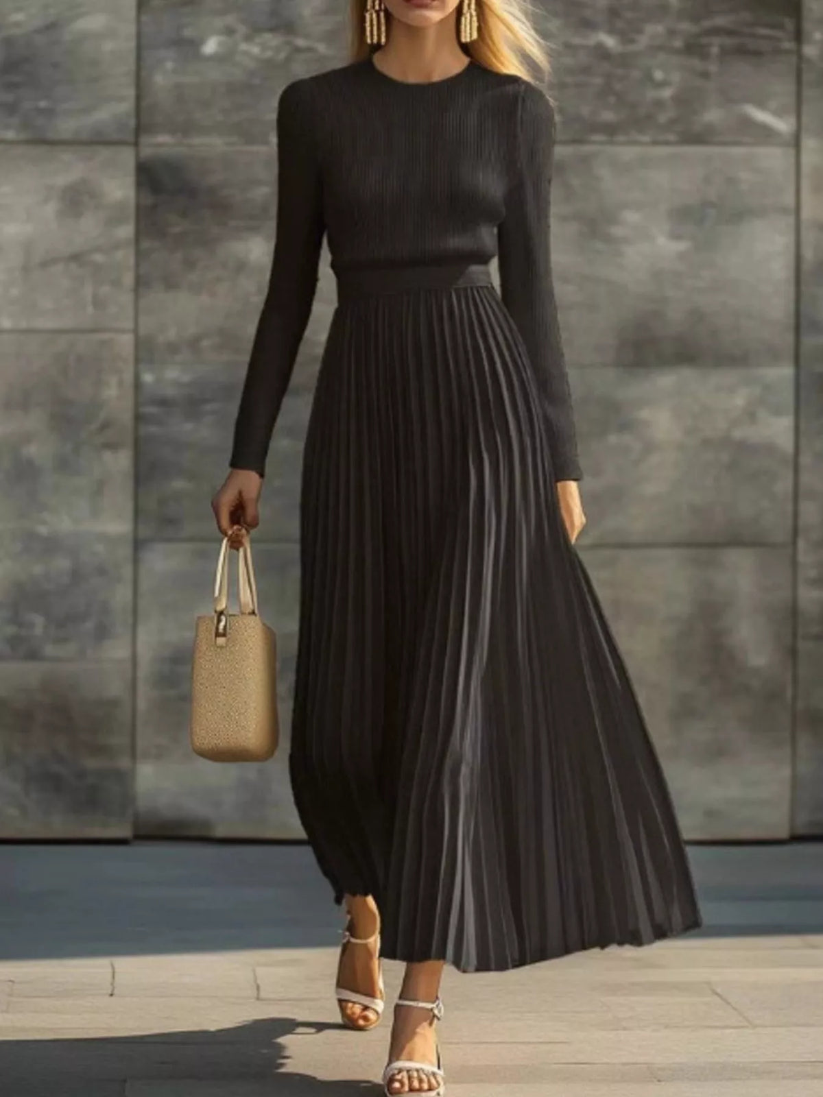 Trendsi Ribbed Knit Pleated Midi Dress -