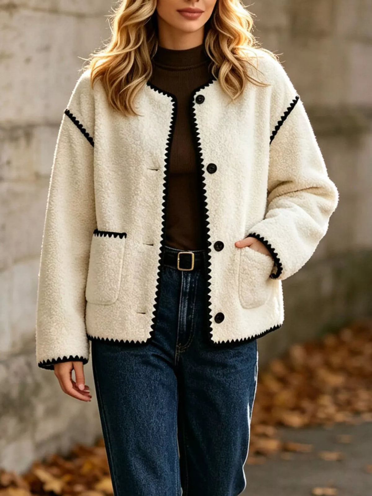 Cream with black trim faux shearling contrast trim button-down jacket