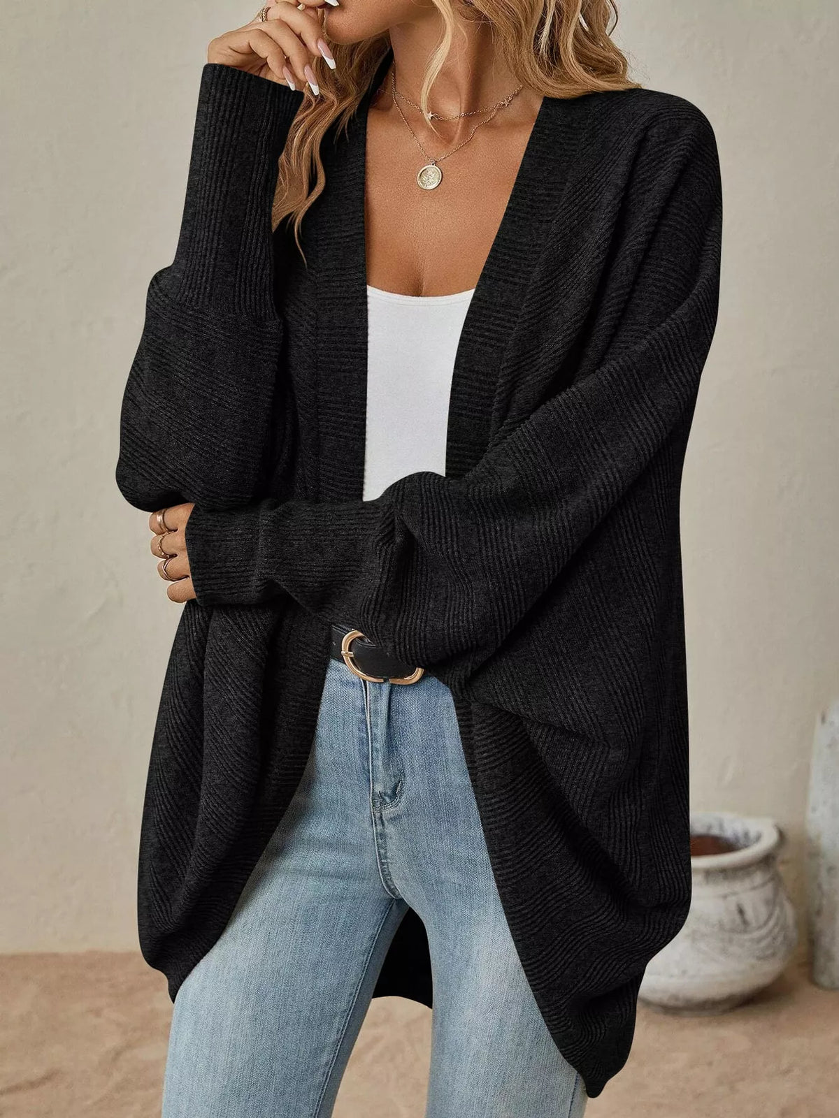 Black open-front batwing sleeve cardigan