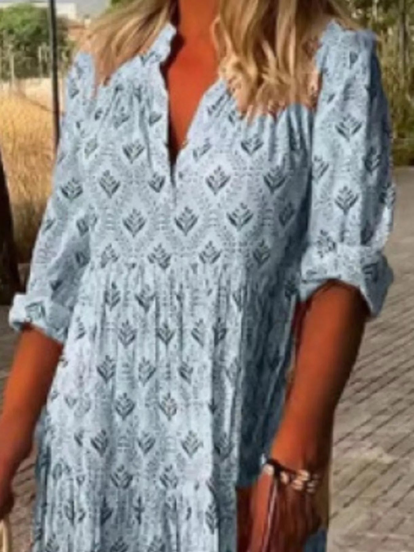 Printed notched tiered maxi dress
