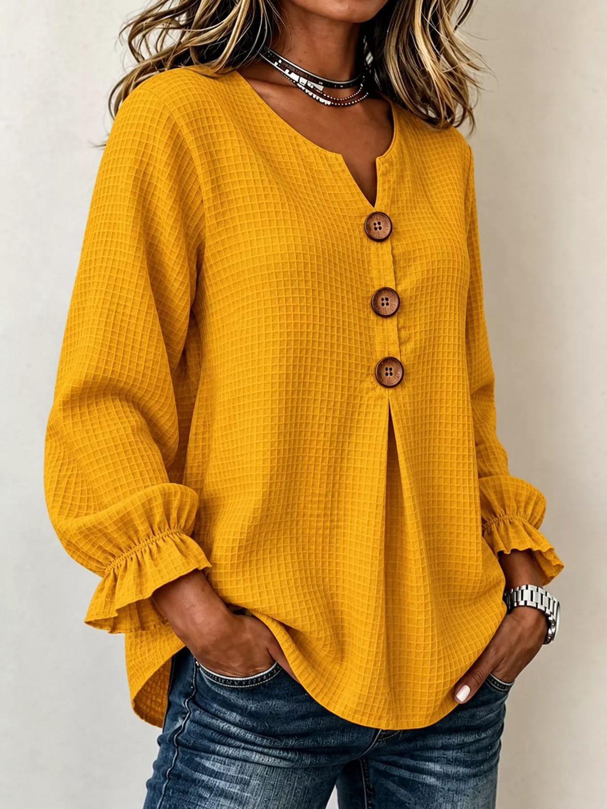 Women's Waffle Knit Flounce Sleeve Blouse in mustard — front view