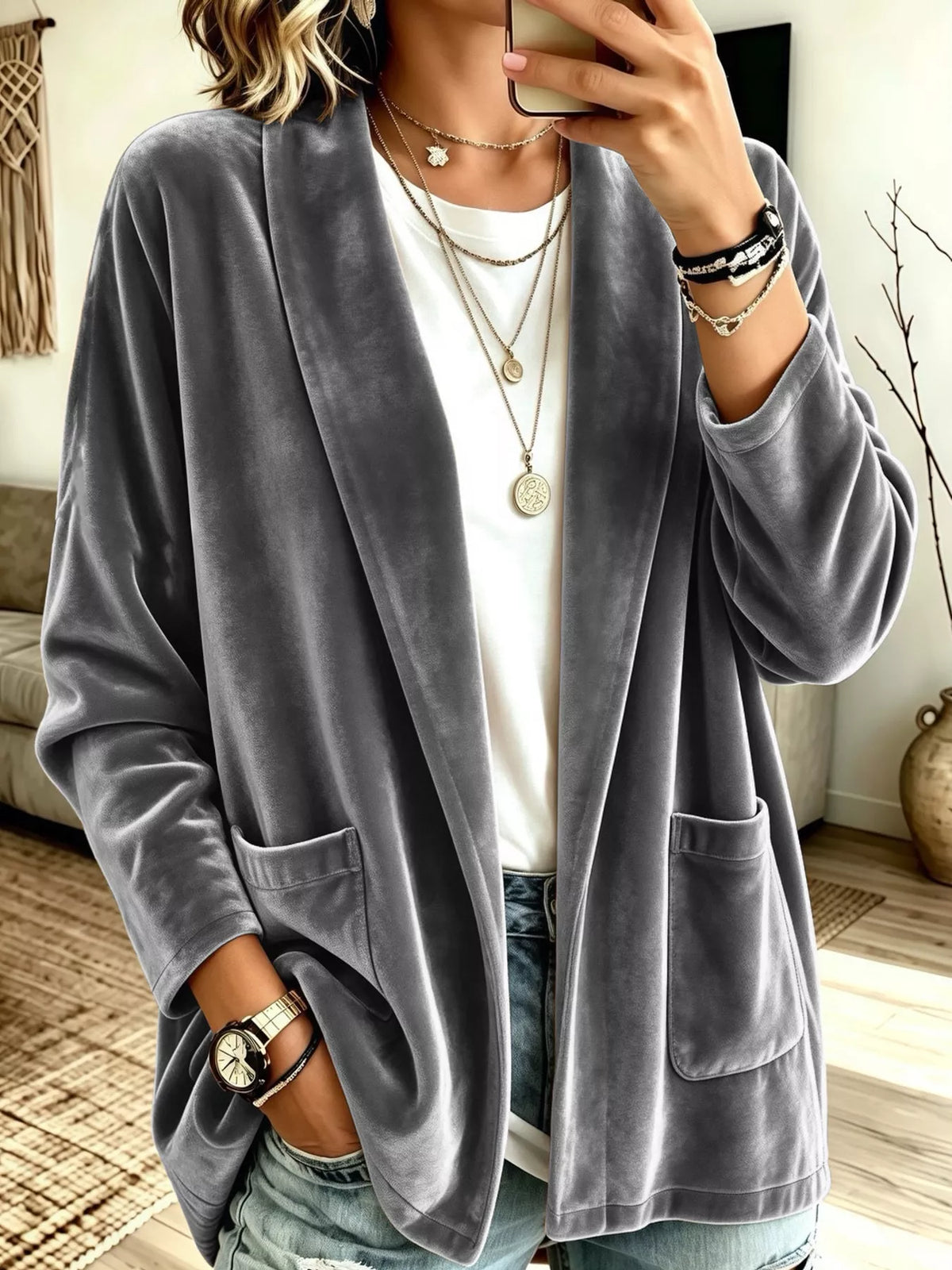 Women's Velvet Open-Front Cardigan in gray — front view