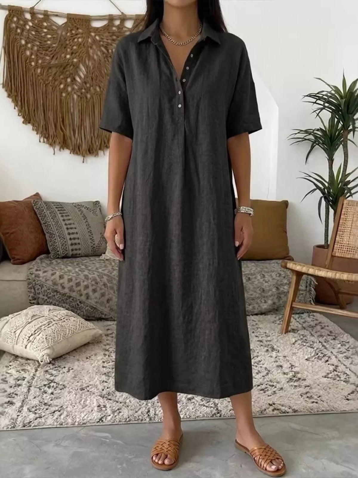 Black Button-Front Short Sleeve Midi Shirt Dress front view