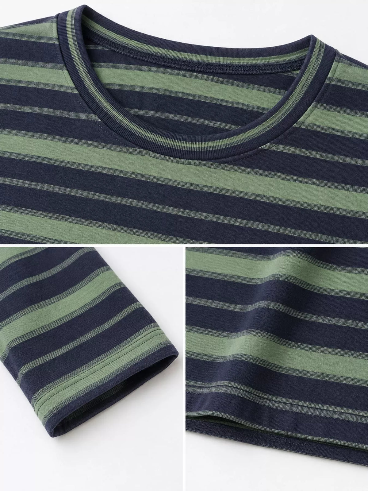 Green striped oversized T-shirt, neckline and cuff detail collage