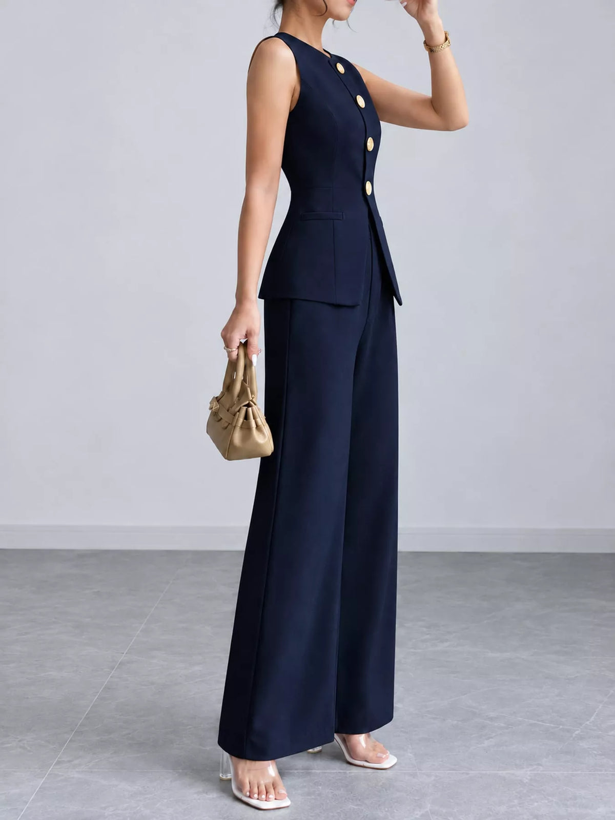 Button-Down Vest and Wide-Leg Pants Set in navy blue