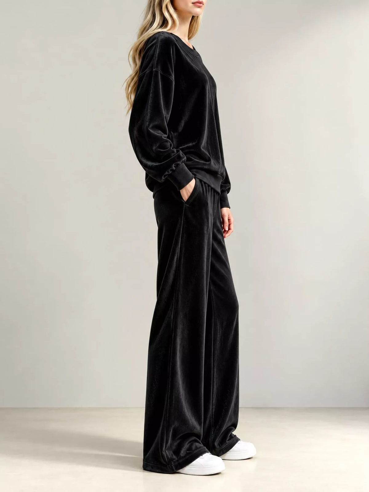 Velour Long Sleeve Top and Wide-Leg Pants Set — side view