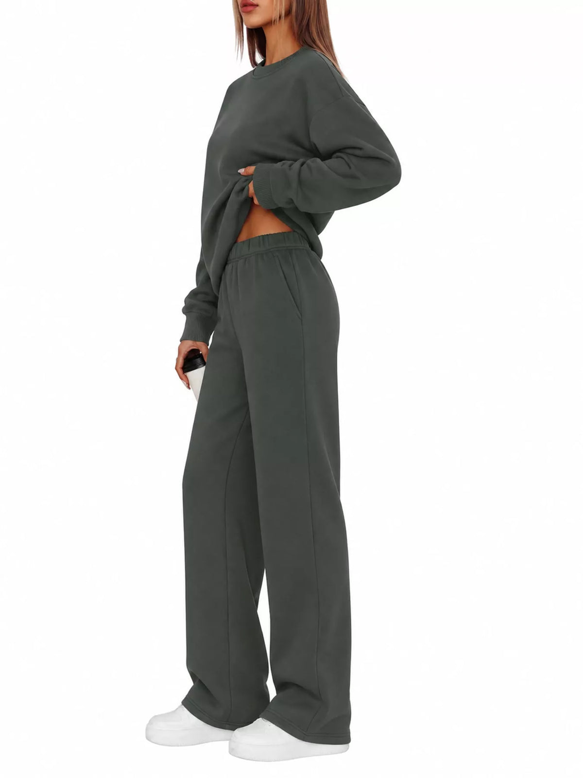 Crewneck Drop Shoulder Sweatshirt and Wide-Leg Pants Set — side view