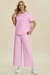 Trendsi Double Take Full Size Texture Round Neck Short Sleeve Top and Pants Set -