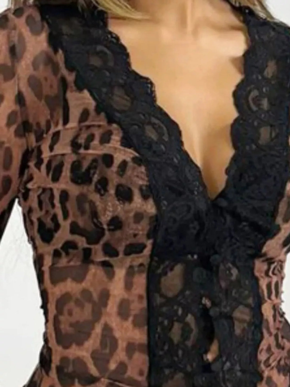 Leopard Print Mesh Blouse with Lace Trim in brown leopard print, construction detail