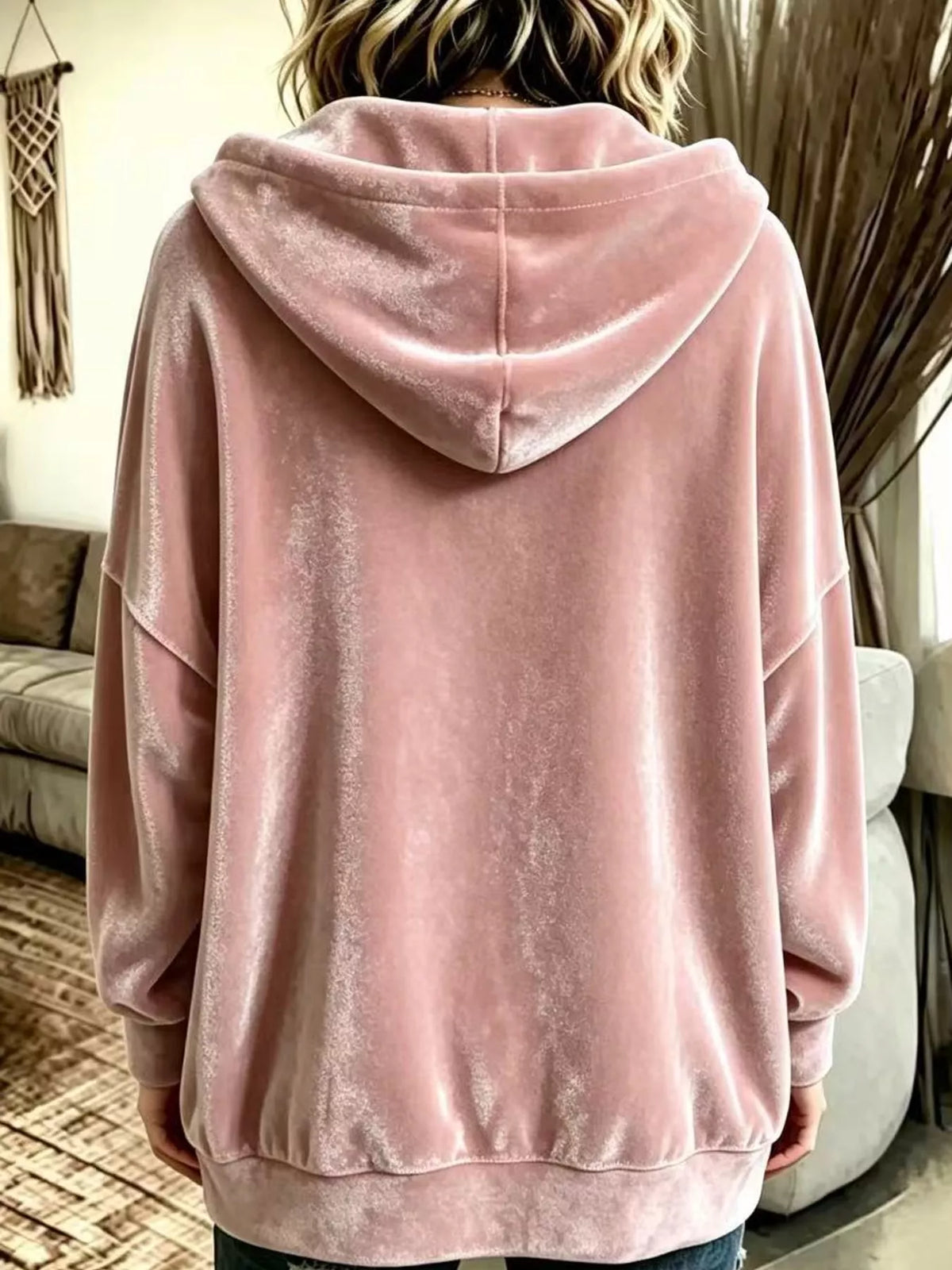 Pink velvet dropped shoulder hoodie, back view