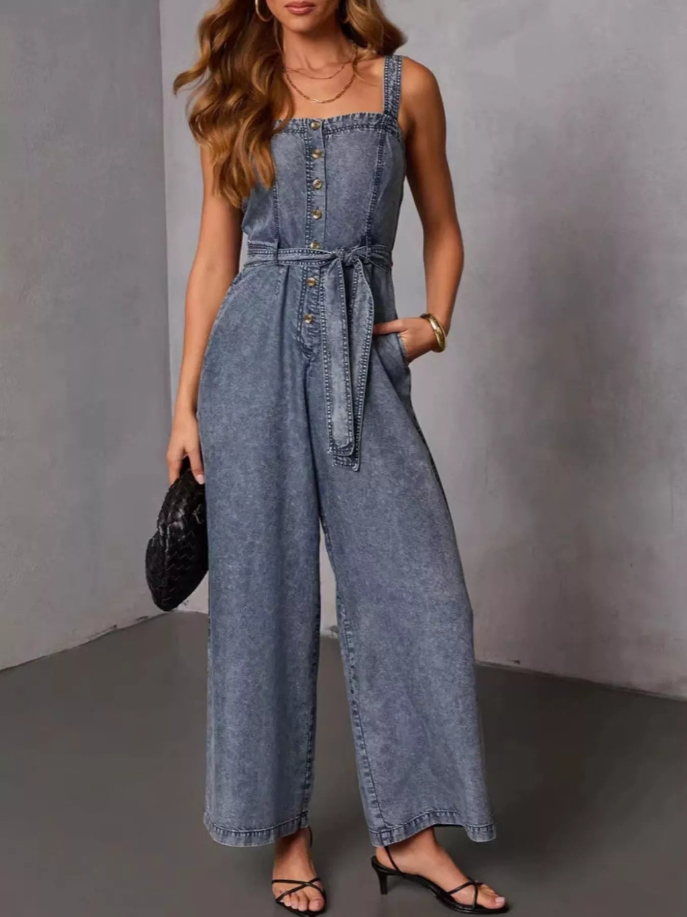 Trendsi Belted Waist Wide Leg Denim Jumpsuit -