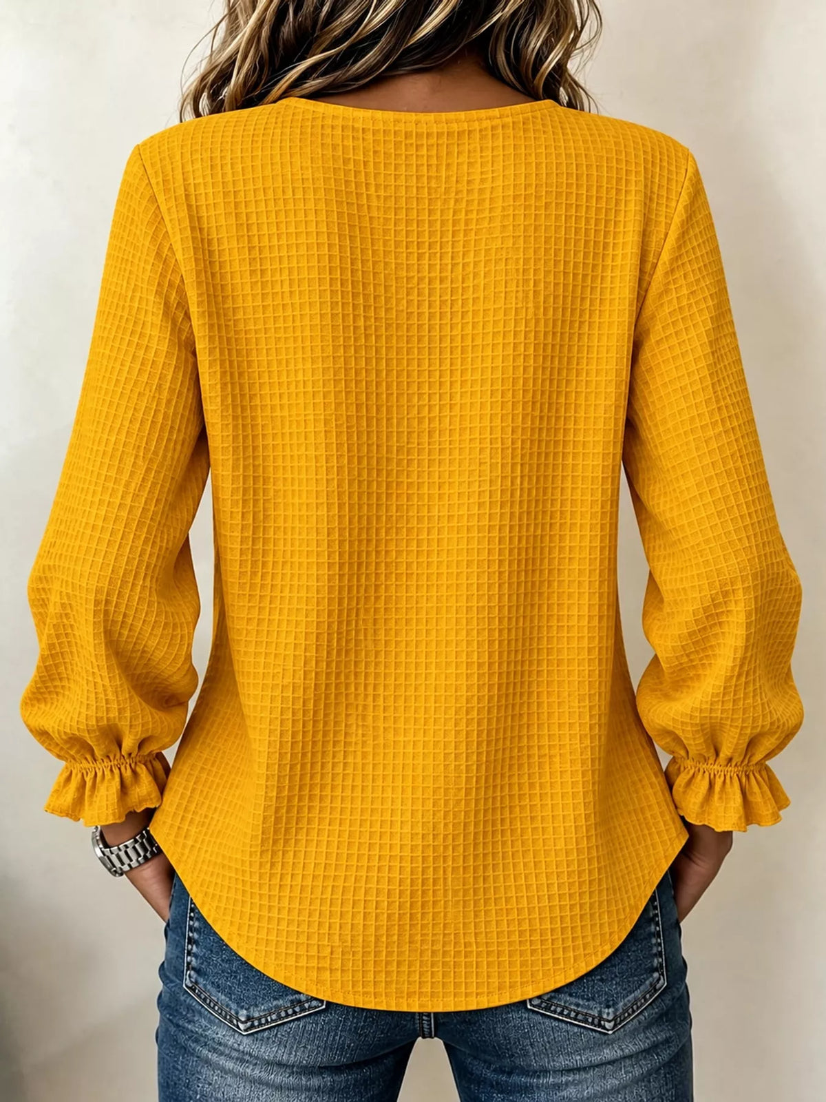 Women's Waffle Knit Flounce Sleeve Blouse in mustard — back view