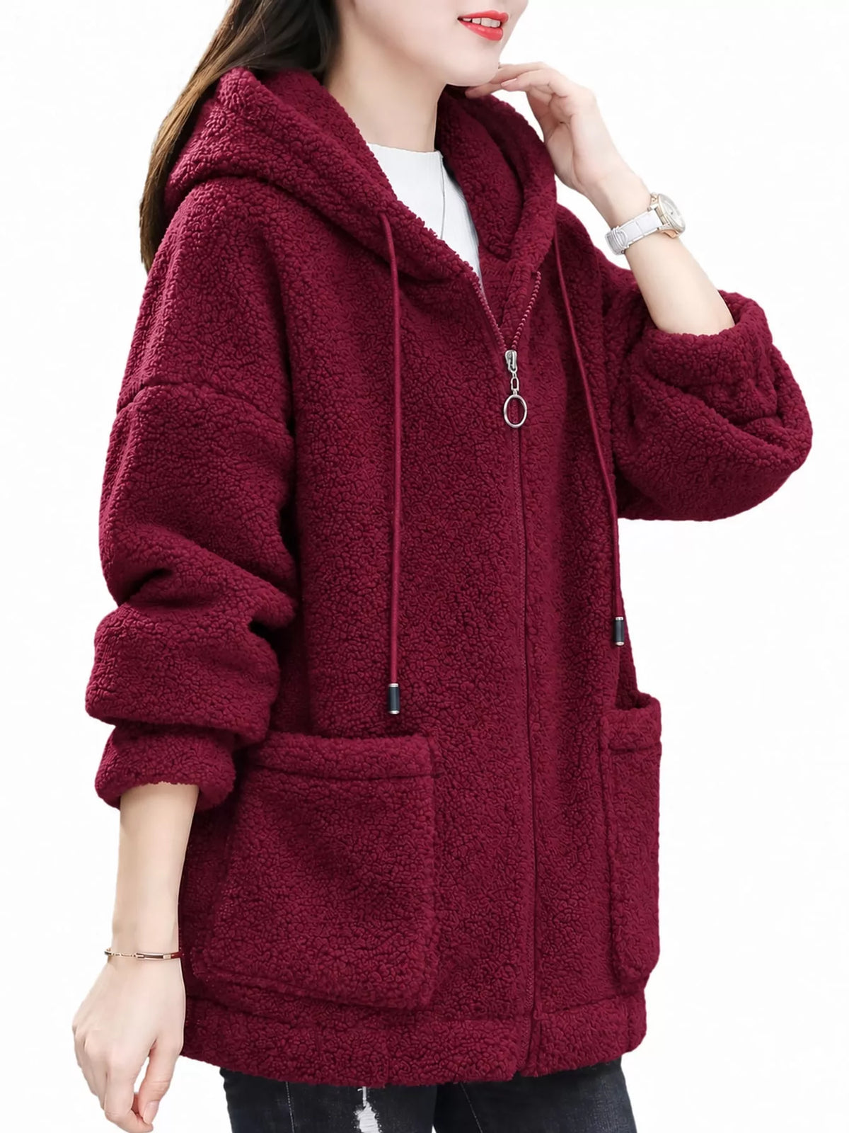 Burgundy fleece zip-up hoodie with pockets