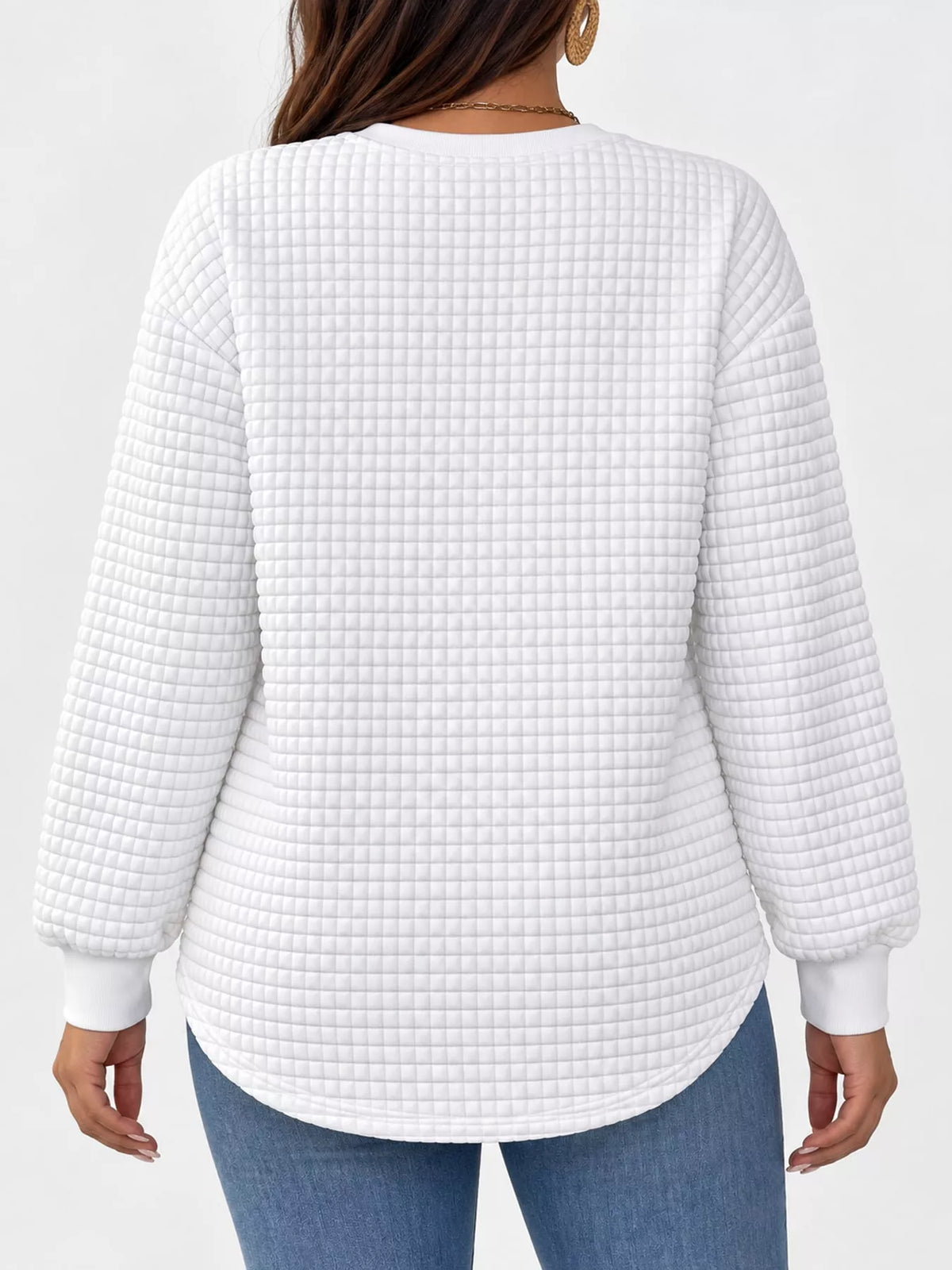 White waffle knit sweatshirt with curved hem, back view