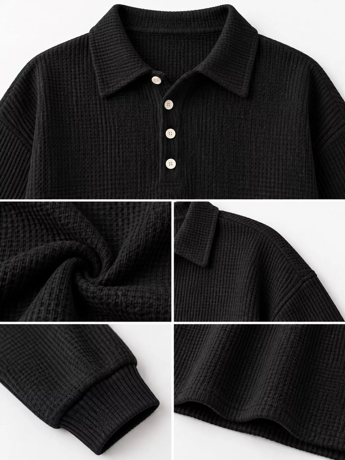 Waffle Knit Quarter-Button Polo T-Shirt — garment construction details