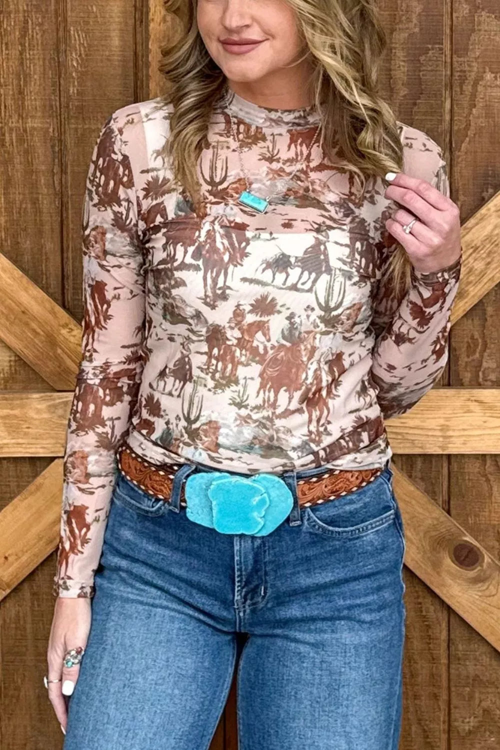 Trendsi Western Scene Mesh Long Sleeve Top -