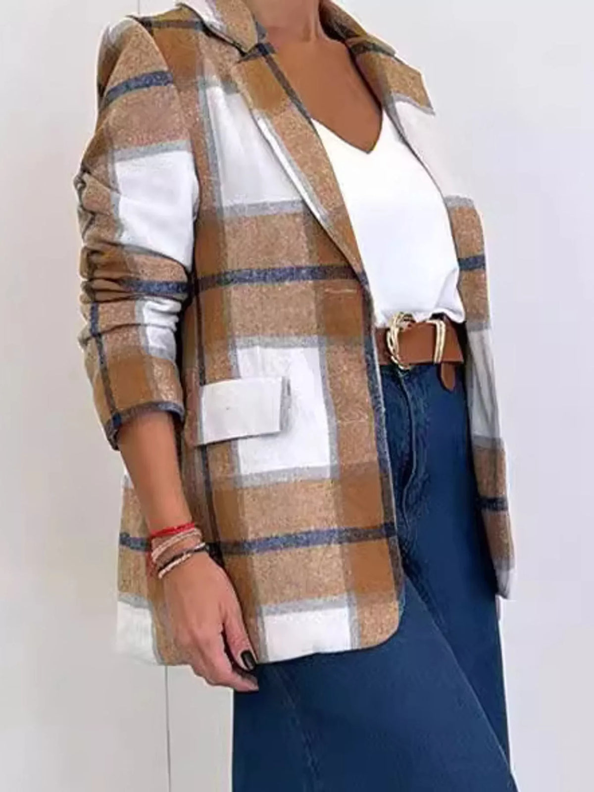 Classic Plaid Print Long Sleeve Blazer in camel