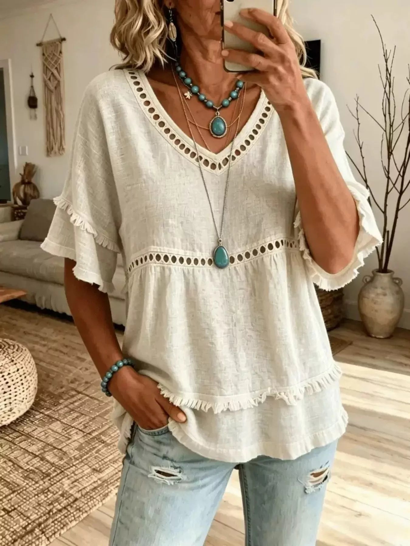 Trendsi Eyelet V-Neck Frayed Edge T-Shirt -