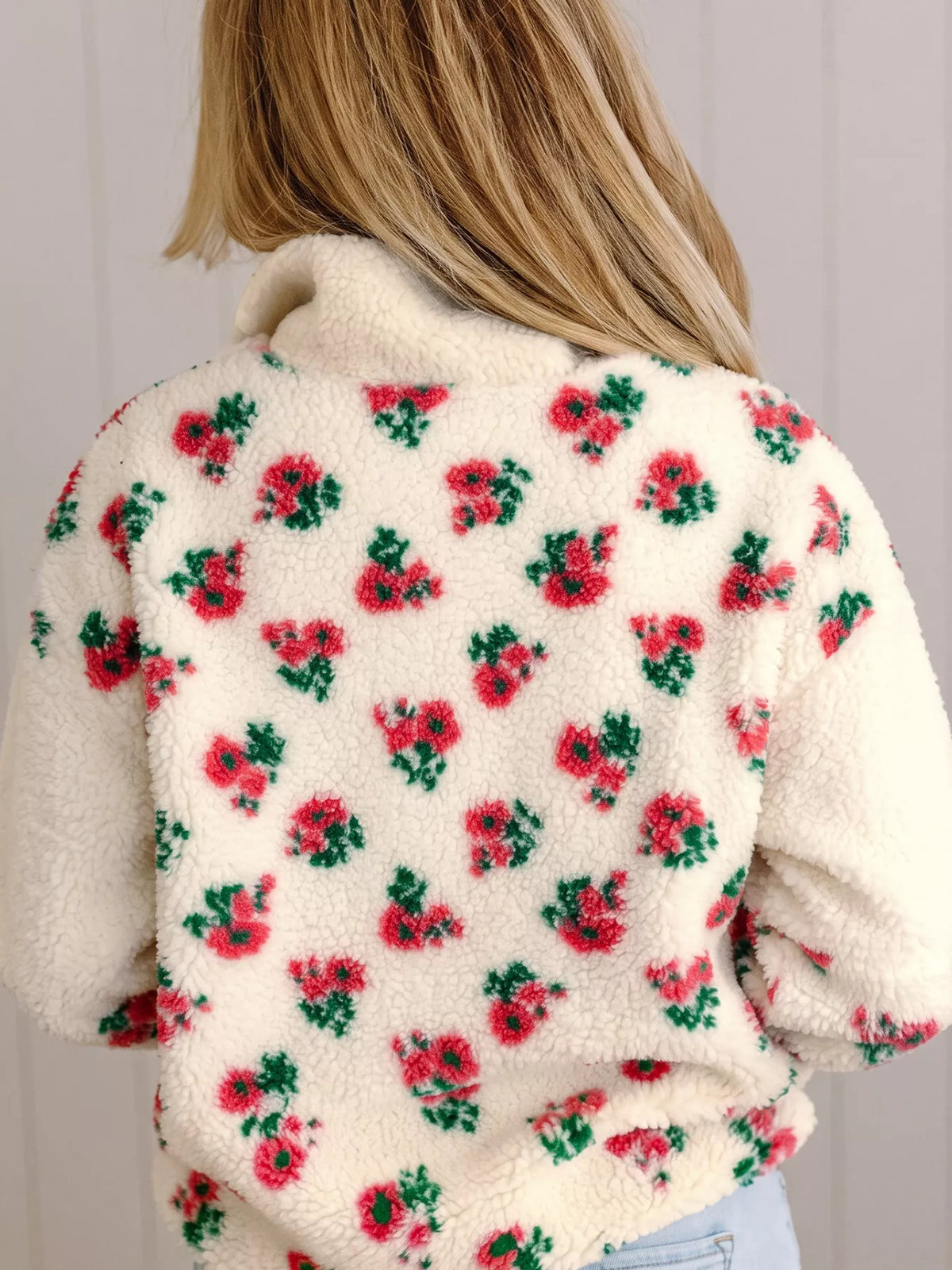 Floral Print Fleece Contrast Trim Button Collar Sweatshirt in beige, back view