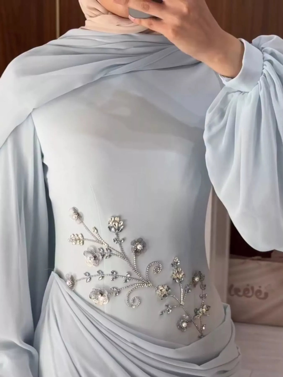 Light blue floral detail long sleeve maxi dress, detail view