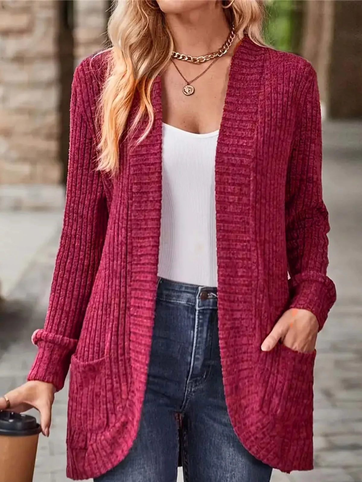 Ribbed Knit Open Front Cardigan with Pockets — front view