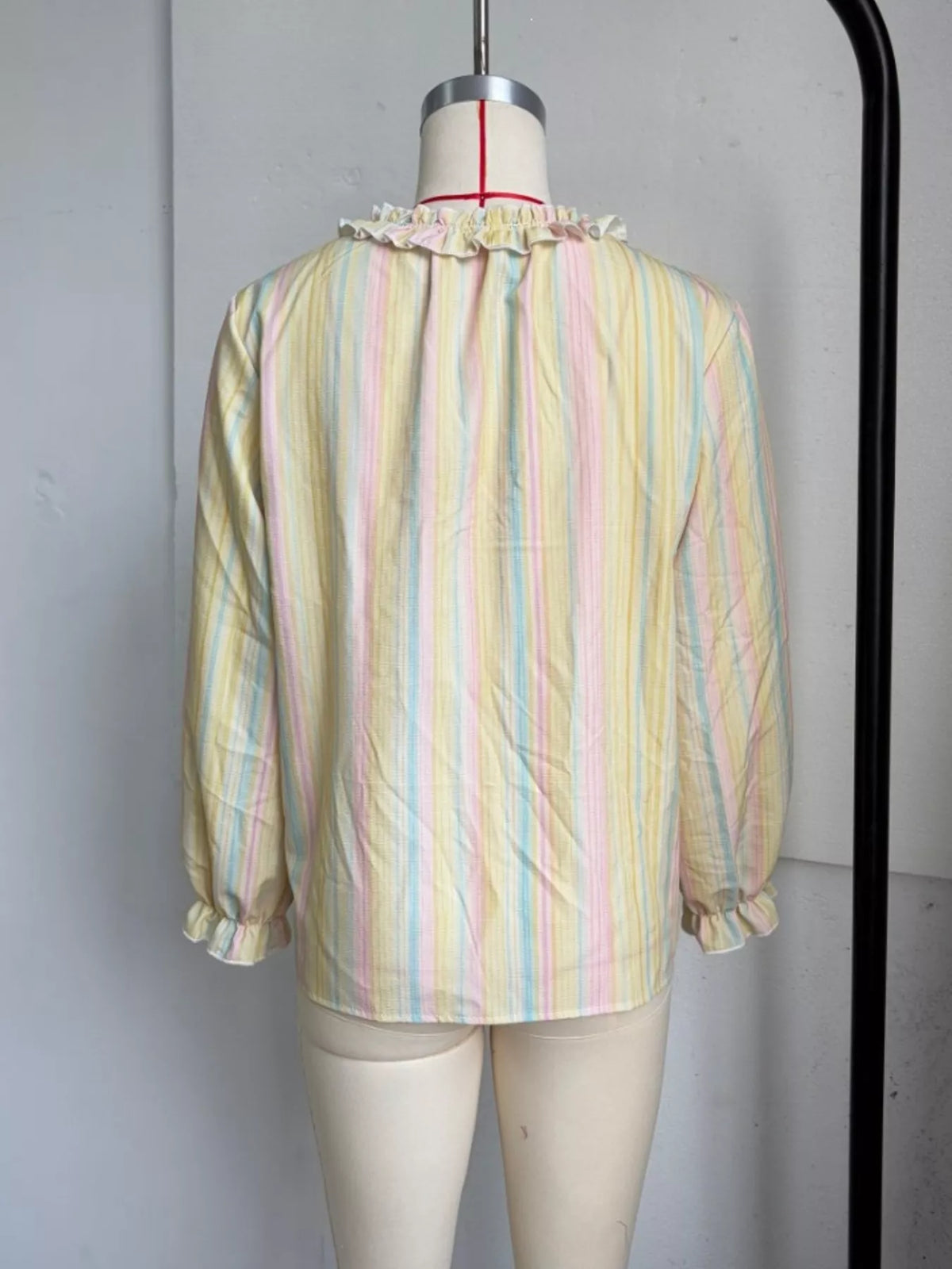 Trendsi Striped Ruffle-Trim V-Neck Blouse -