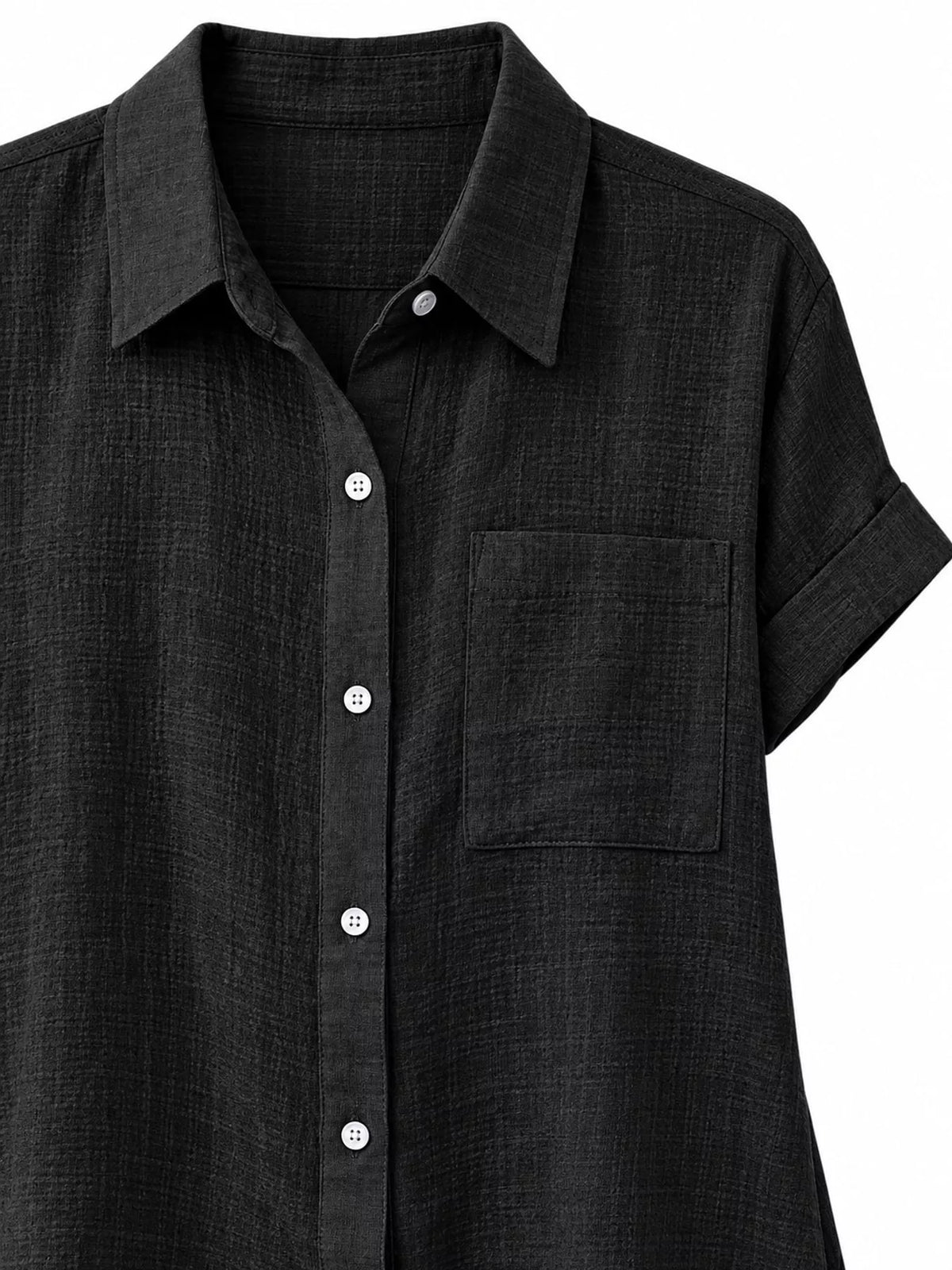 Women's Button Up Short Sleeve Shirt in black — collar detail view