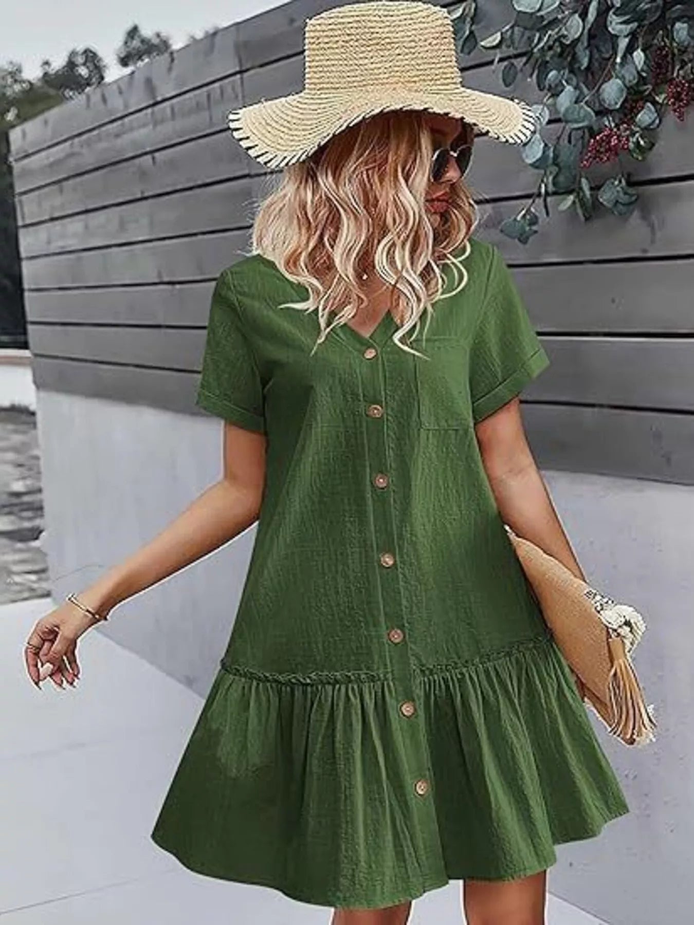 Trendsi Full Size Button-Down Ruffle Hem Mini Dress Plus Size -