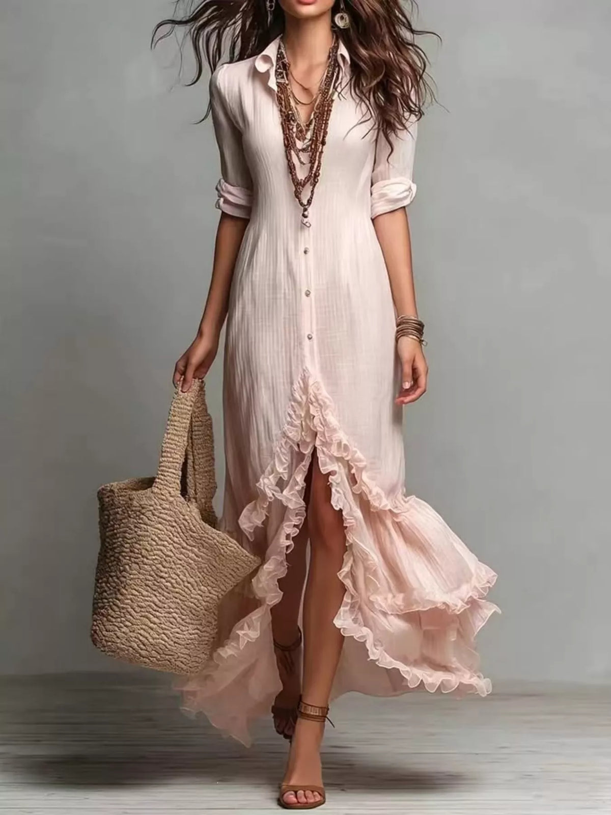Button-Down Ruffled High-Low Maxi Dress, front view