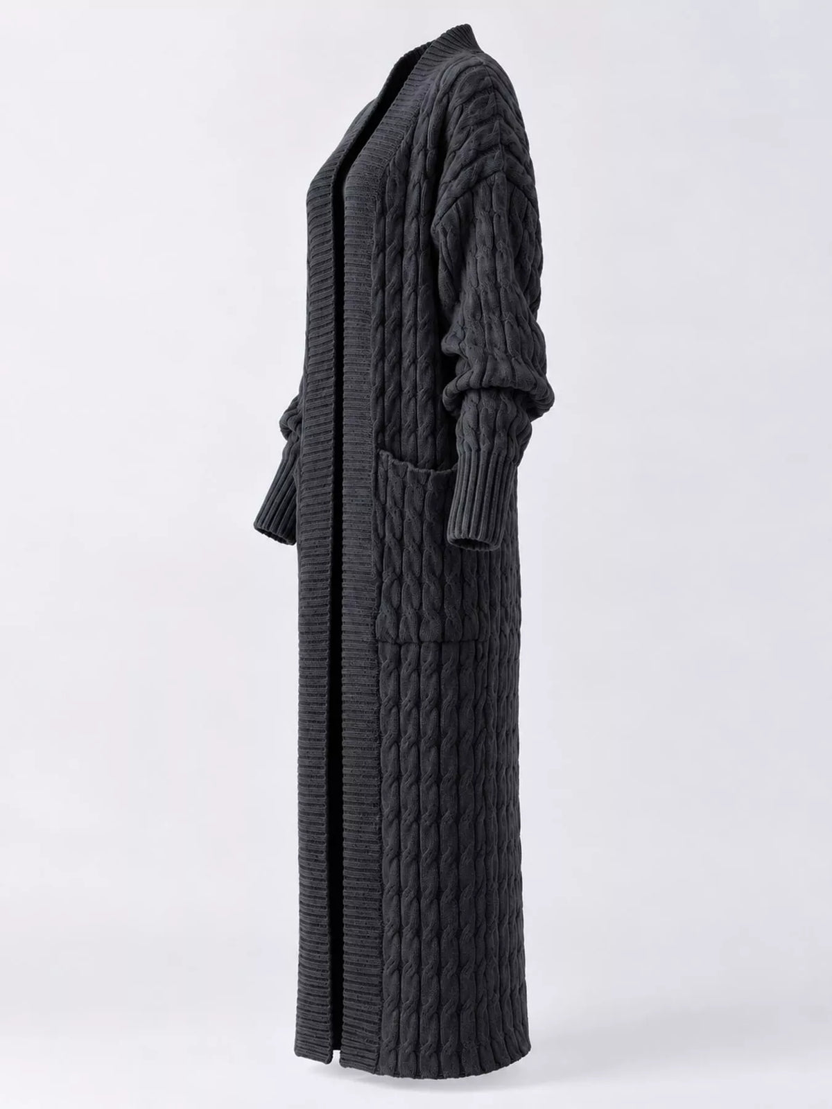 Dark Gray cable-knit longline open-front cardigan