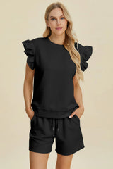 Trendsi Double Take Full Size Texture Round Neck Ruffle Sleeve Top and Shorts Set -