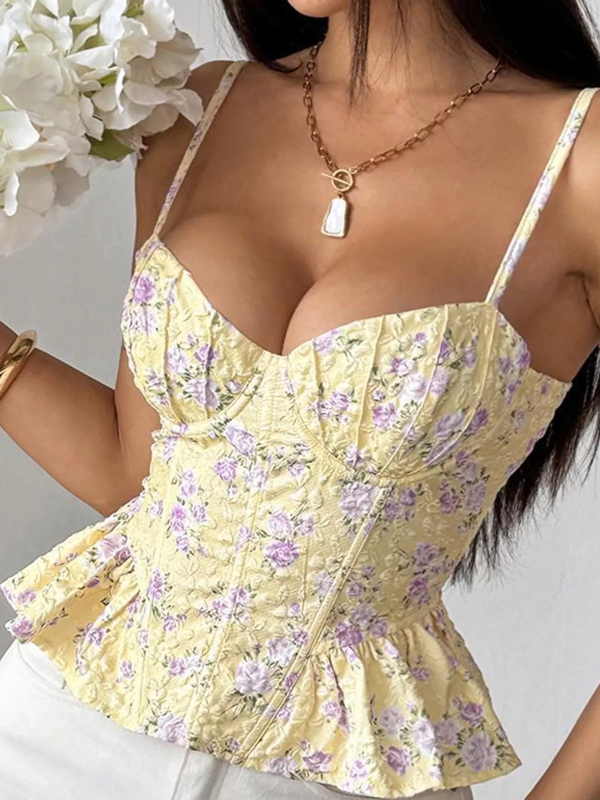Yellow lace up back floral print cami