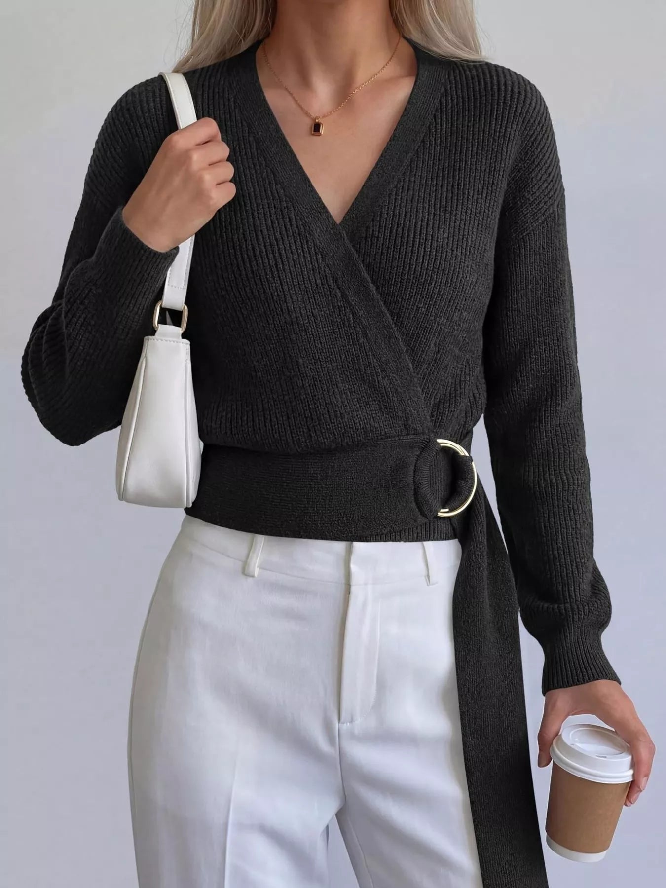 Trendsi Metal Ring Detail Dropped Shoulder Sweater -