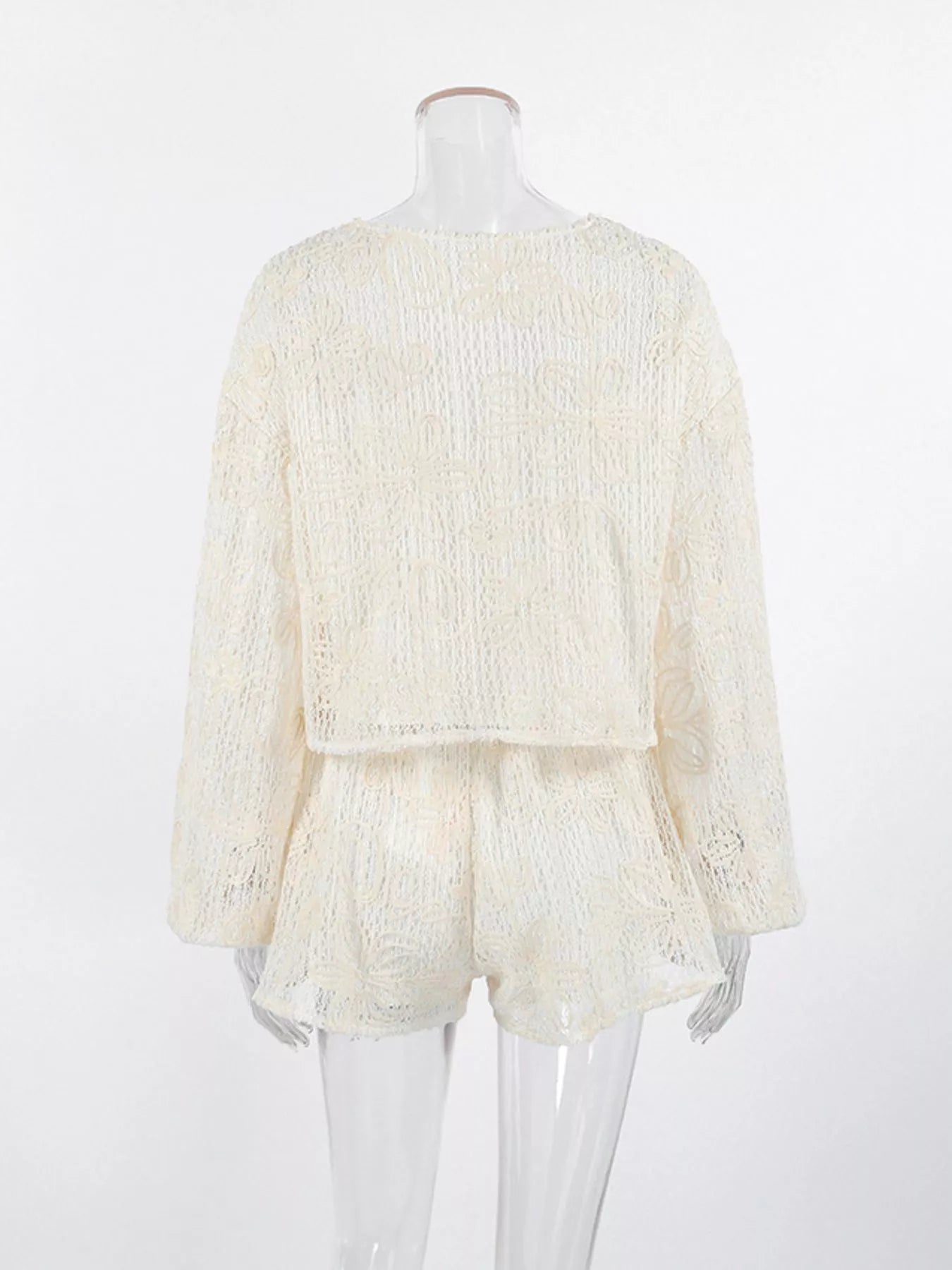 Trendsi Lace Crochet Tie Front Top and Shorts Two-Piece Lounge Set -