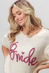 Trendsi BiBi Metallic Letter Short Puff Sleeve Hairy Sweater -