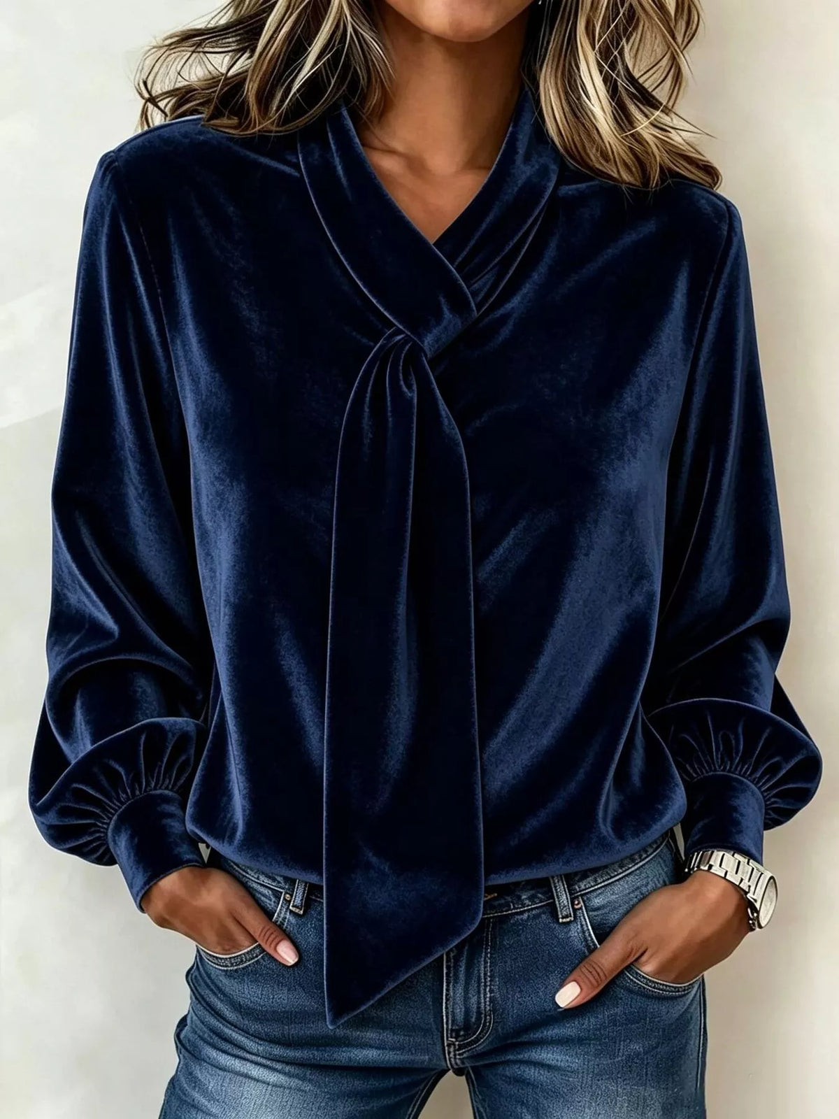 Navy velvet tie-neck blouse