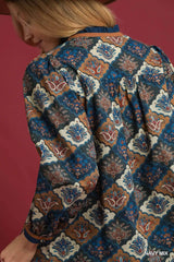 Trendsi Umgee Abstract Print Ruffle Neck Top -