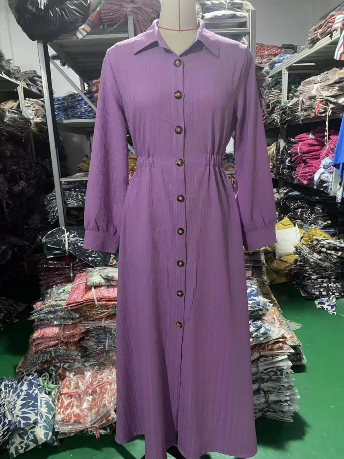 Lilac button-down textured maxi shirt dress
