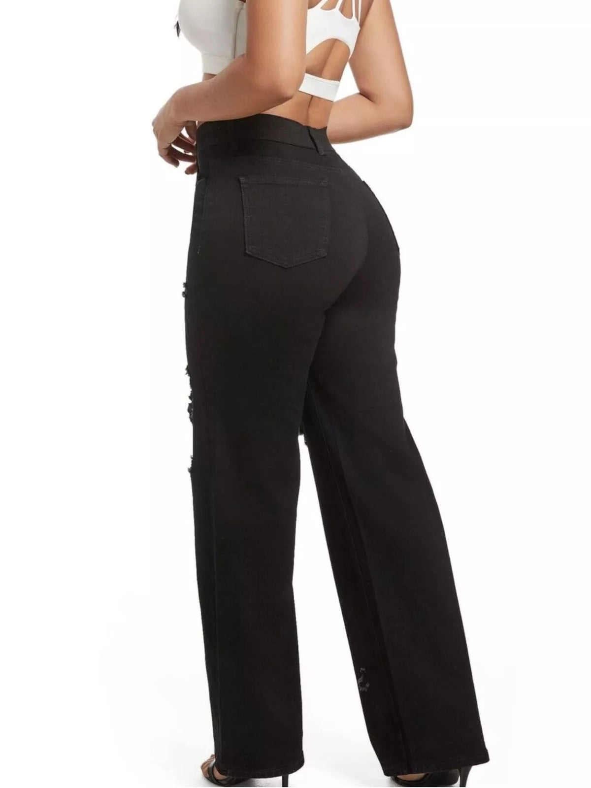 Black distressed wide-leg jeans, back view