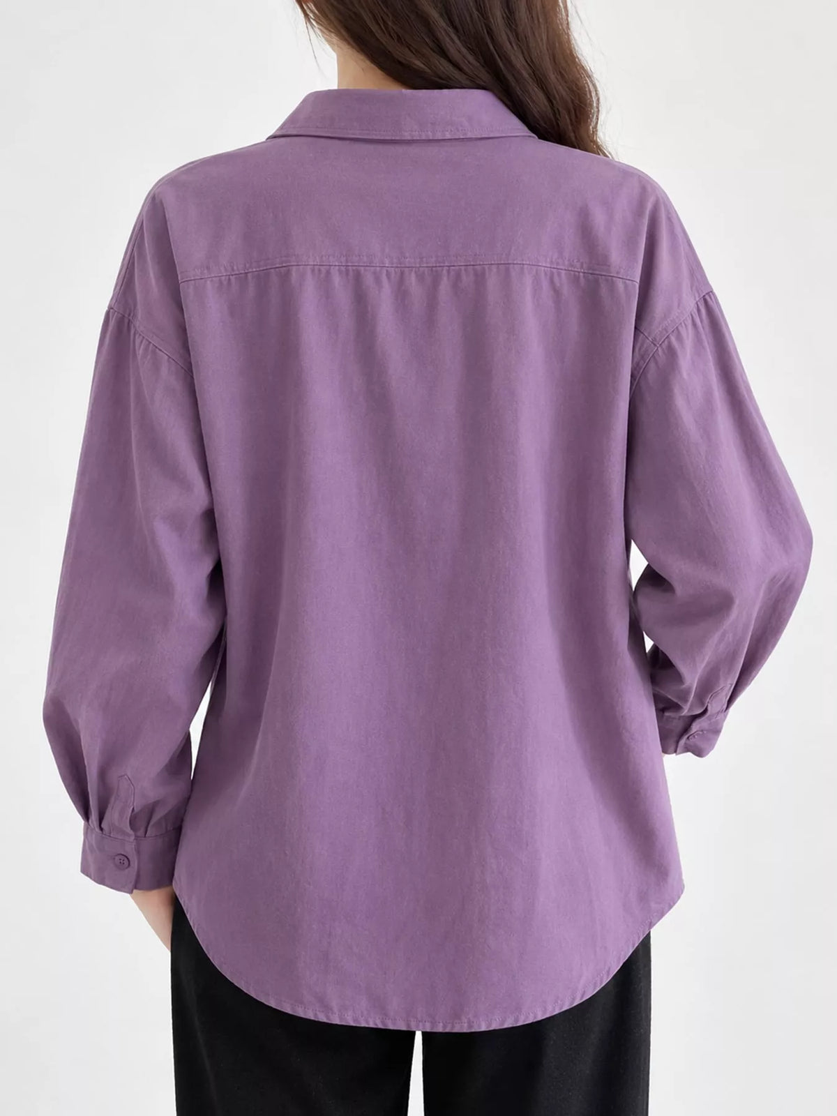 Purple oversized button-down long sleeve shirt, back view