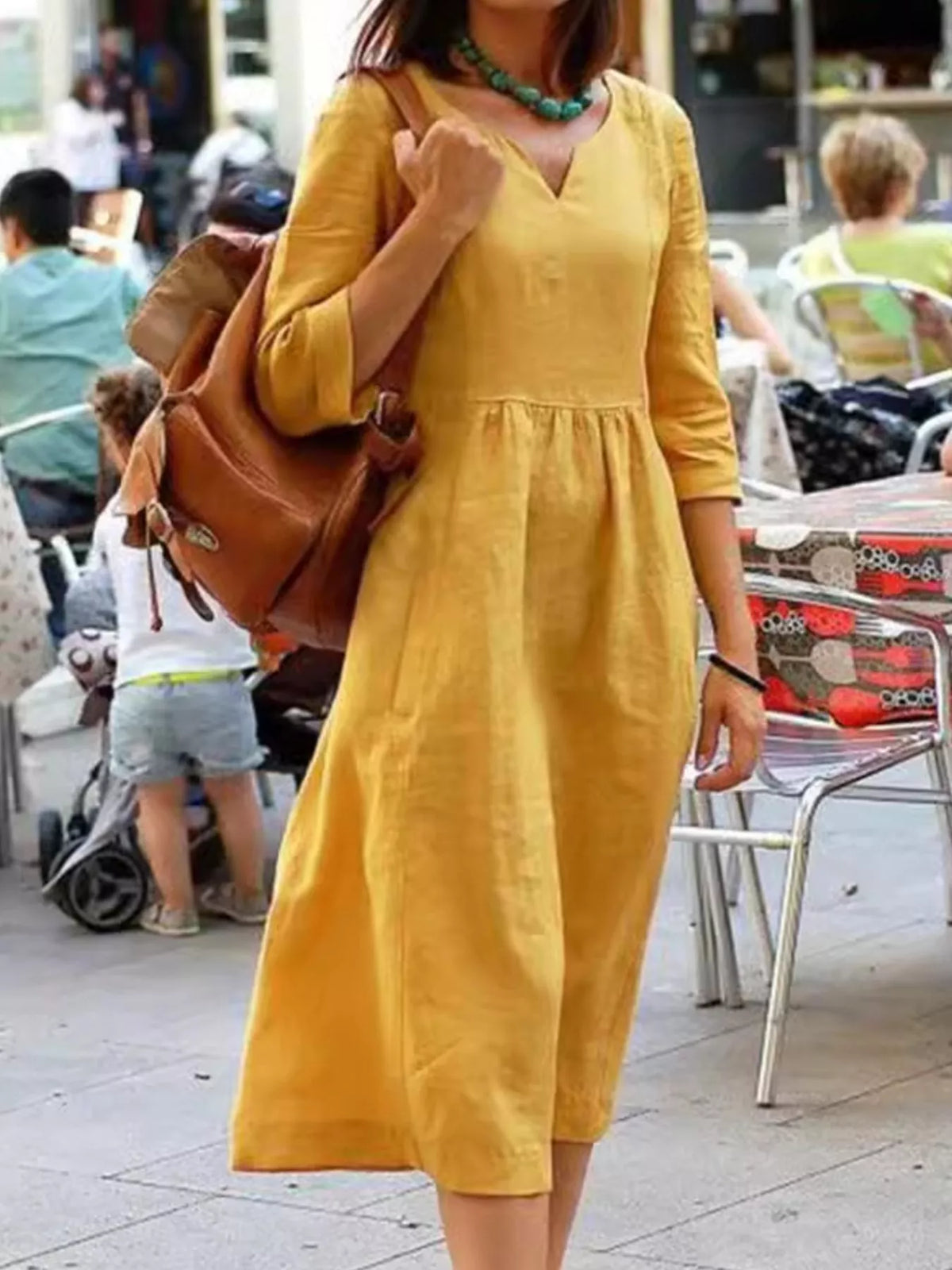 Trendsi Full Size Notched 3/4 Sleeve Midi Dress Plus Size -