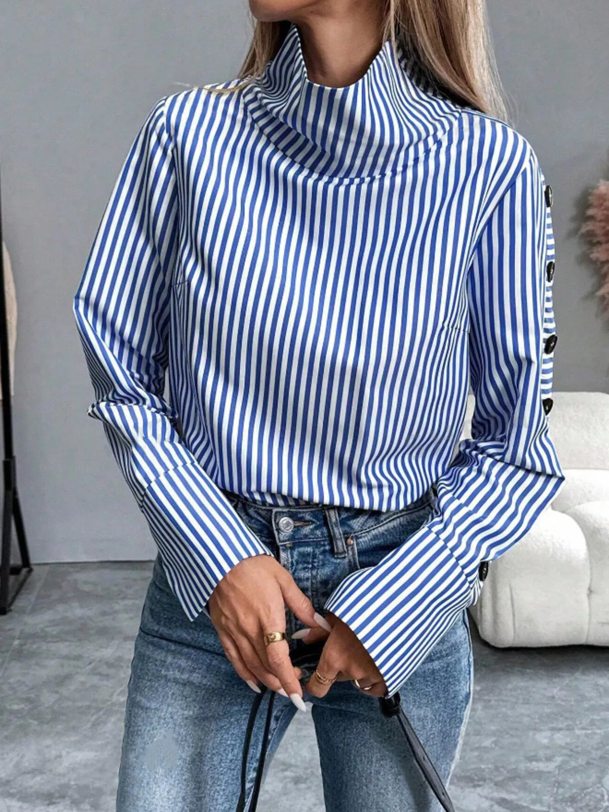 Trendsi Striped Turtleneck Long Sleeve Blouse -