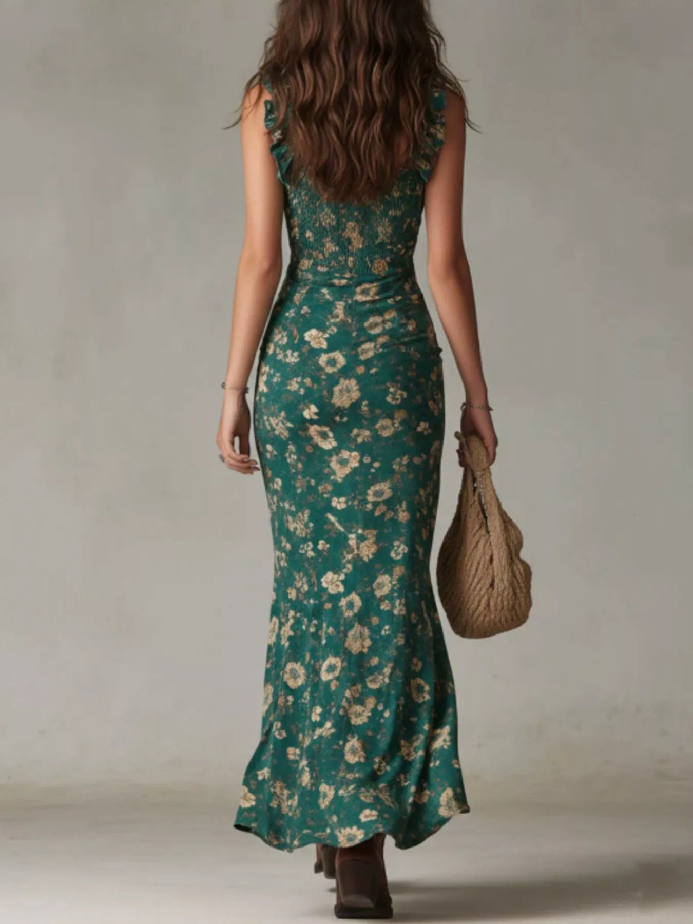 Trendsi Full Size Floral Smocked Ruffle High-Low Maxi Dress Plus Size -