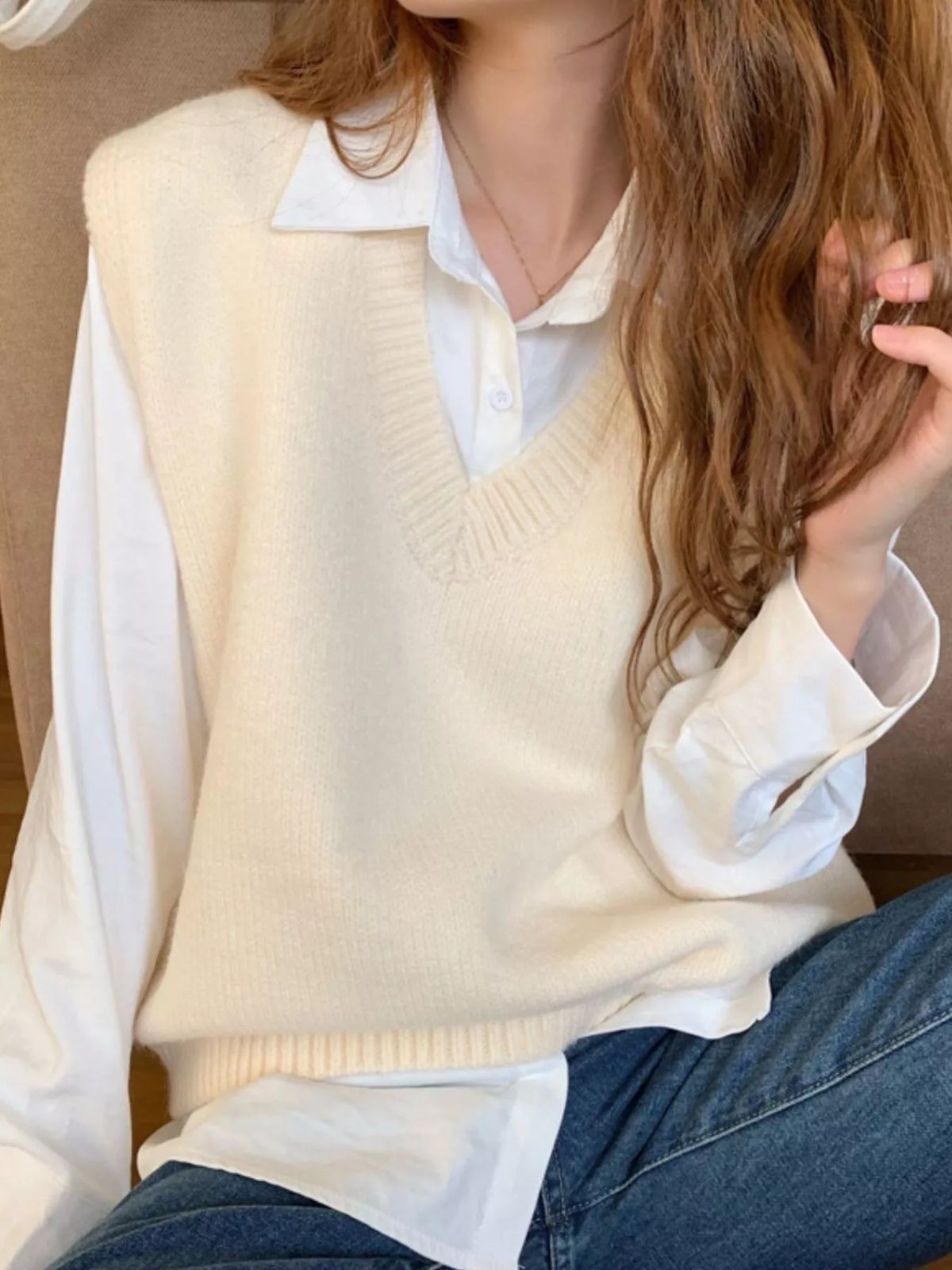 Beige v-neck knit sweater vest